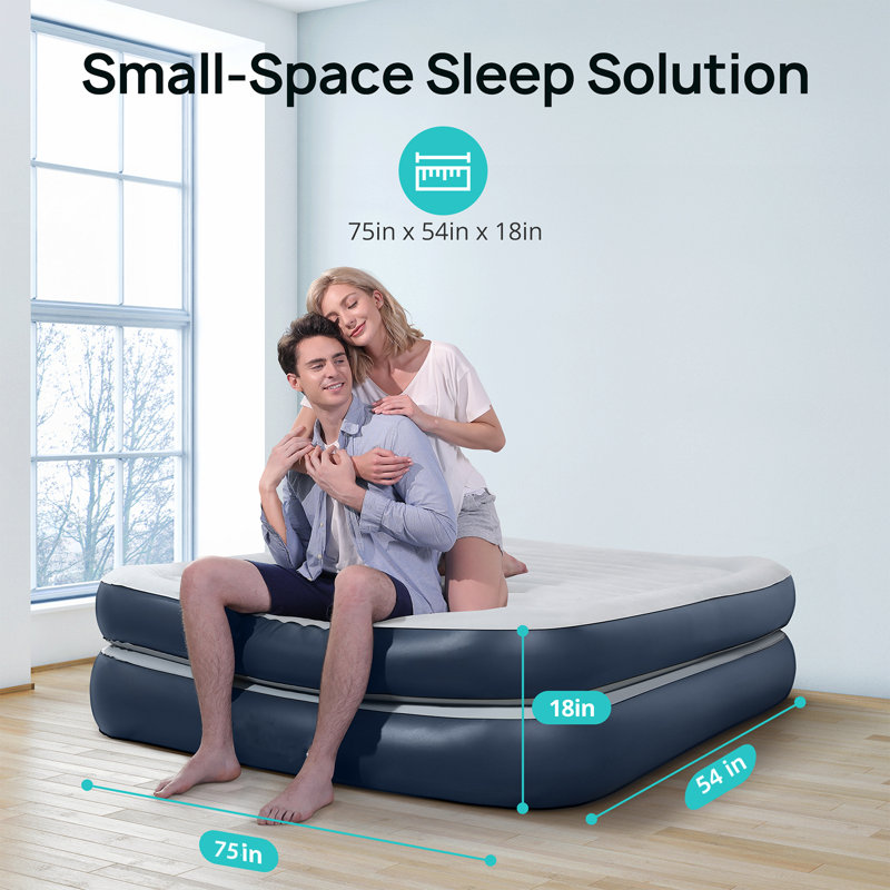 Matelas gonflable double avec pompe intégrée, matelas gonflable double gonflable de luxe de 18 po, lit facile à gonfler / à prise rapide, bleu et gris imperméable et durable