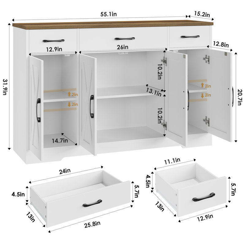 KLMM Rustic Solid Wood 48'' Sideboard Console Table With 2 Drawers And Cabinets And Bottom Shelf,Storage Cabinet For Living Room Kitchen Dining Room (Brown@Drawers - View #7