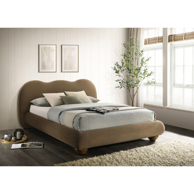 Brown Color Queen Bed, Velvet And Boucle Upholstered, Contemporary Style Solid Rubberwood Engineered Wood Bed Frame, Modern Design, Wood, Bedroom Decor
