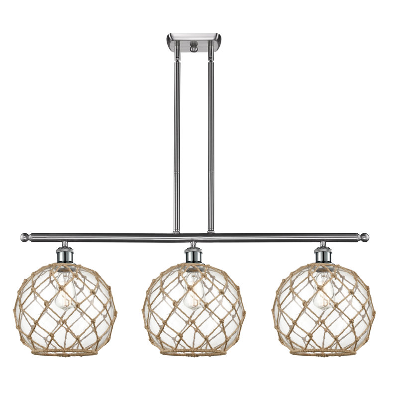 Luminaire suspendu linéaire à 3 lumières pour îlot de cuisine Hilbert, Nickel satiné brossé, Transparent avec corde brune