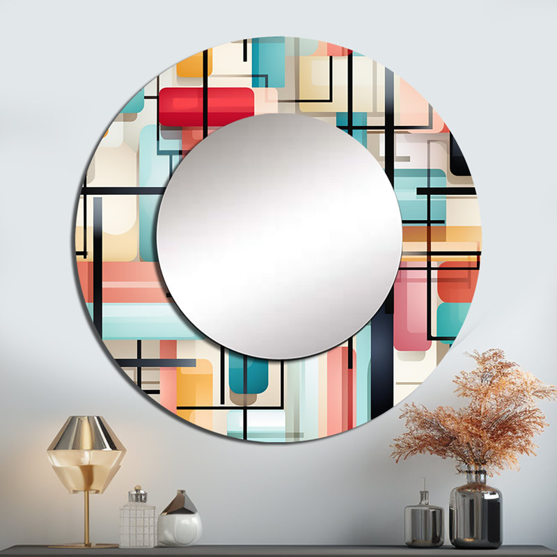 Gridlock géométrique vert et rose - miroir décoratif géométrique, miroir mural rond noir, impression d'art en métal