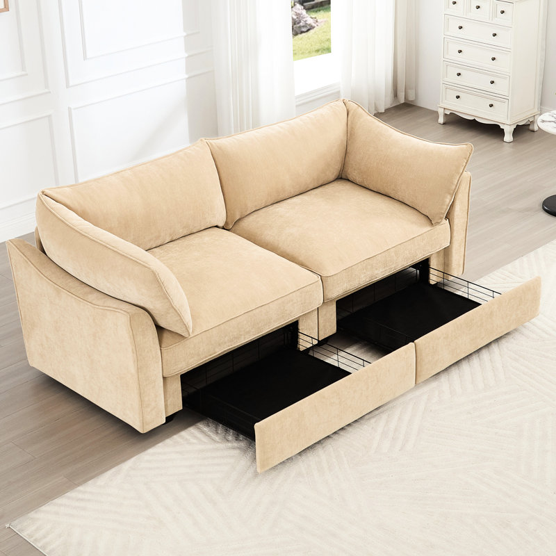Chenille 2, blé, coussins enveloppants et à accoudoirs, rangement escamotable, conception intégrée en croissant, espaces de rangement cachés, structure lisse de la peau, vêtements