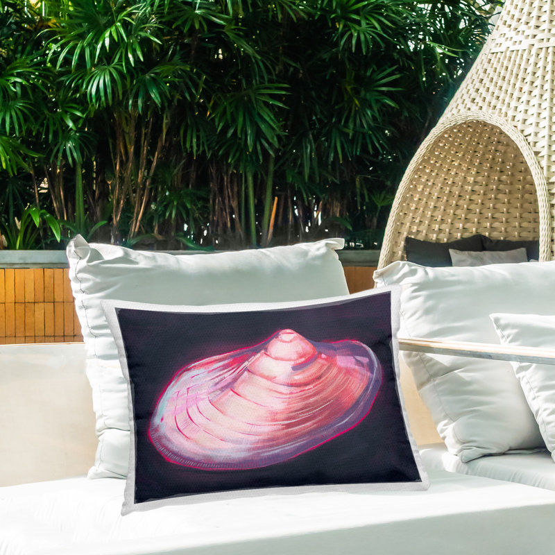 Pink Seashell on Black Printed Outdoor Throw Pillow Design by Grace Popp