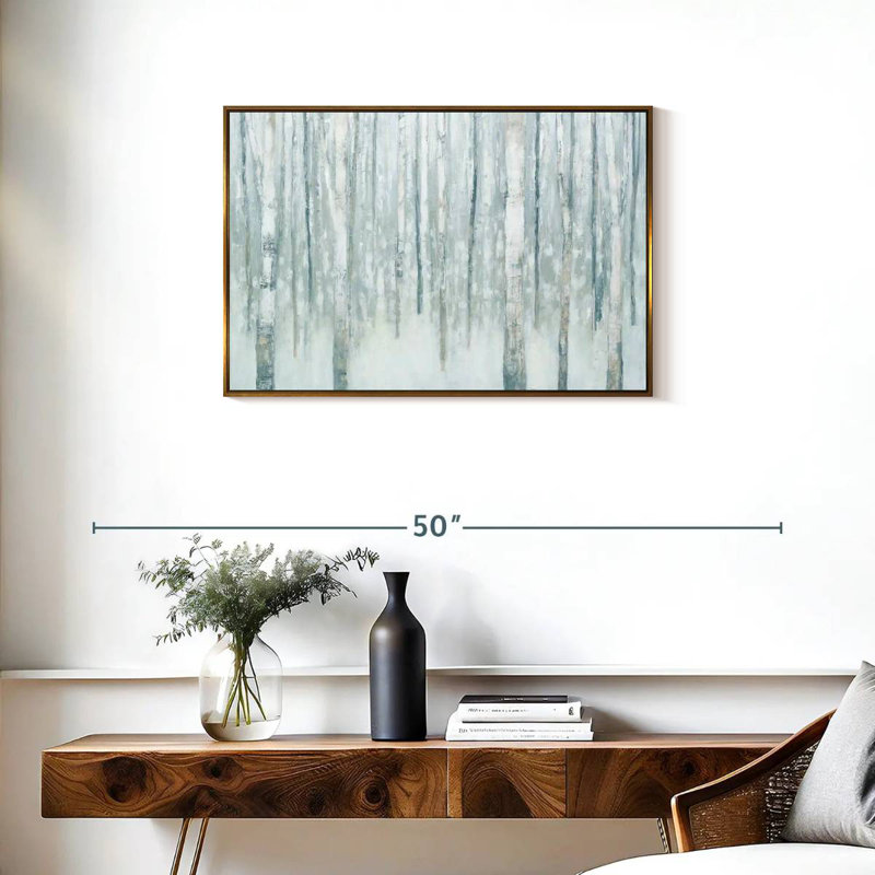 Bouleaux en bleu-gris d'hiver, Cadre flottant doré, 31 po x 21 po