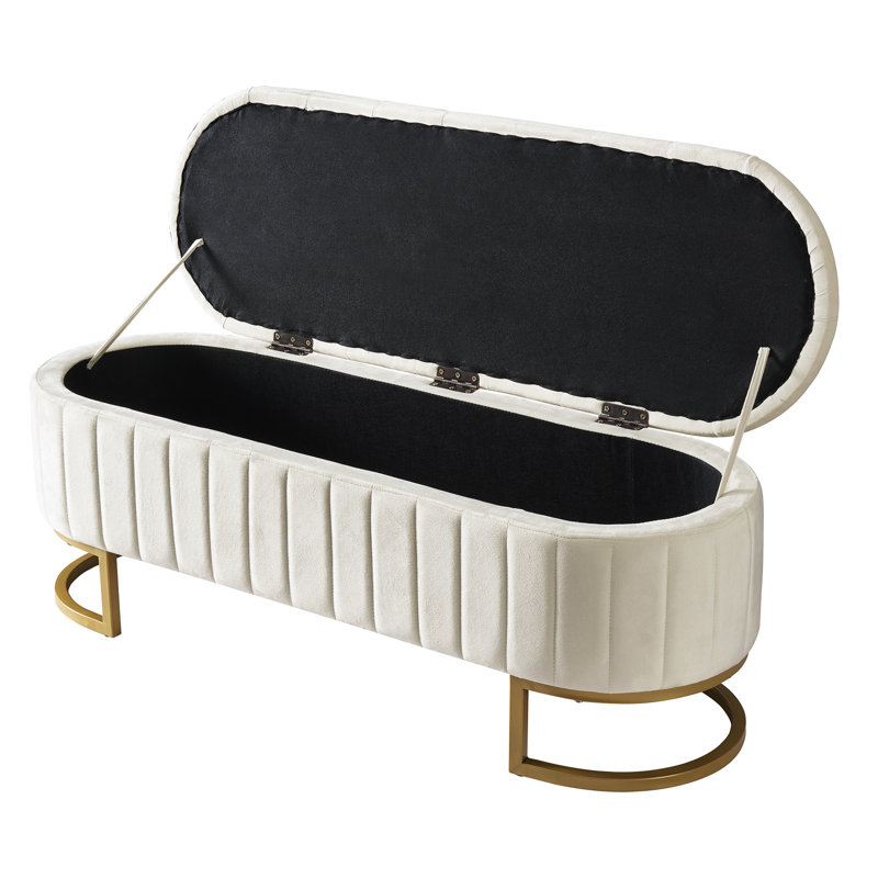 Élégant repose-pieds de rangement rembourré en velours avec capitonnage à boutons, Beige