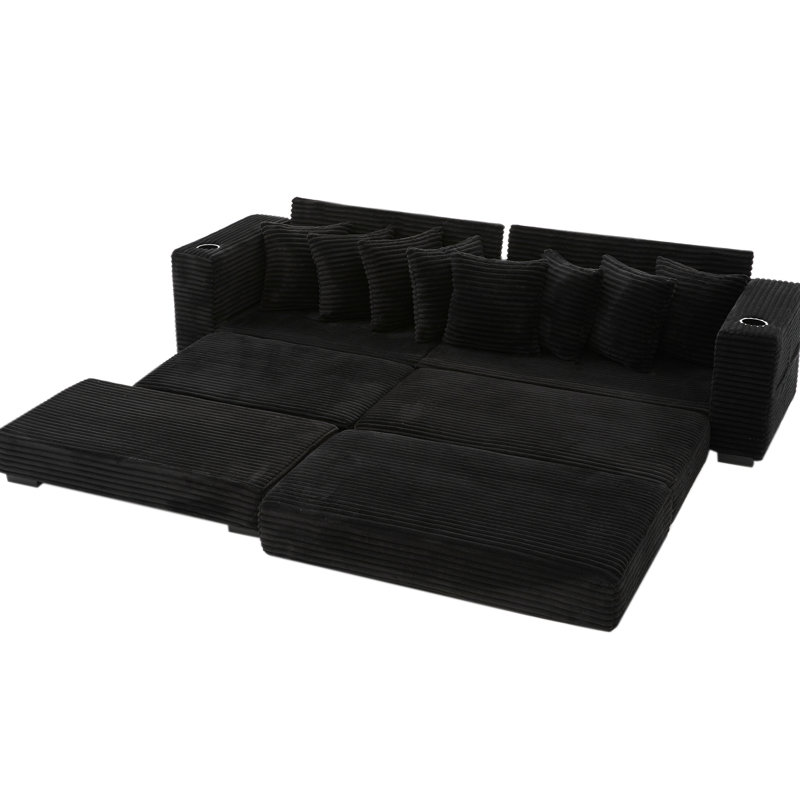 Canapé modulaire en velours côtelé de 113,07 po avec repose-pieds amélioré, porte-gobelets, 8 coussins décoratifs et repose-pieds spacieux et moderne, fonction dépliable pour coussins