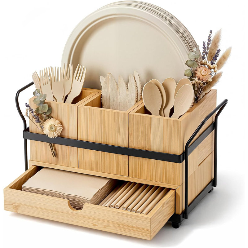 Panier en argent avec tiroir et distributeur de porte-assiettes en bois