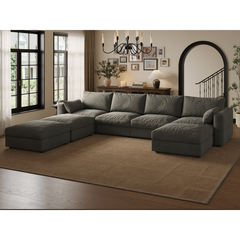 Canapé modulaire de 128 po avec rangement, Chenille grise foncée, H 39 po x l 128 po x P 93 po 
