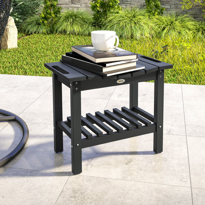 Outdoor Side Table, 2-Tier Shower Bench with Non-Slip Pads and Handles, HDPE Weather Resistant Patio End Table for Patio, Pool, Porch