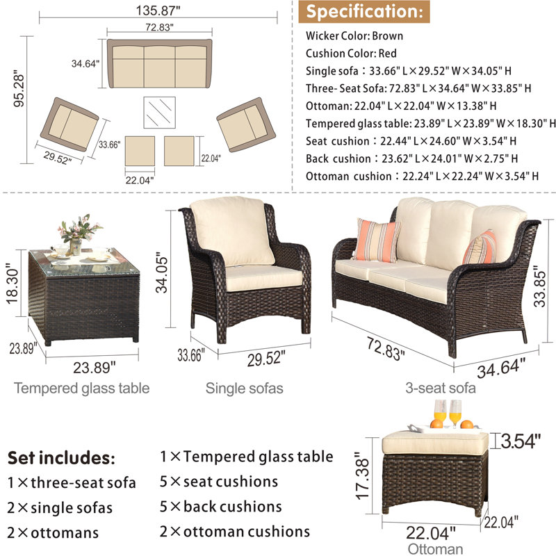 Wicker 5 - Person Patio Conversation Set with Cushions, Beige