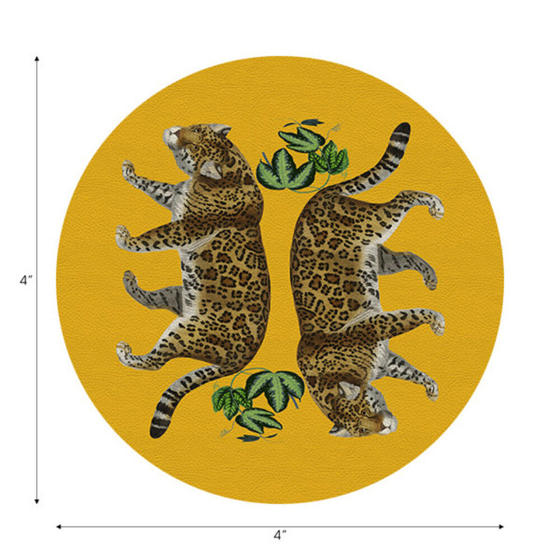 Sous-verres ronds en cuir vegan jaune Leopard, Jaune