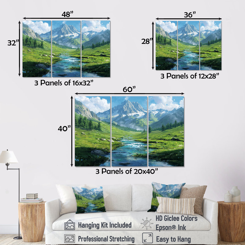 Montagne de montagne dans la vallée des États-Unis II - ensemble de 3 montagnes, H 28 po x l 36 po, Toile tendue