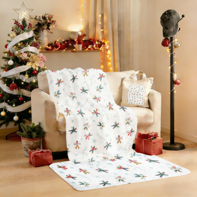 2025 Christmas Gingerbread Man 4-Piece Cozy Set: 50x60 Inch Flannel Blanket + 15.75x13.78 Inch Canvas Tote + Washed Denim Beanie + 24x16 Inch Flannel Mat – Festive Holiday Home Decor Gift Bundle