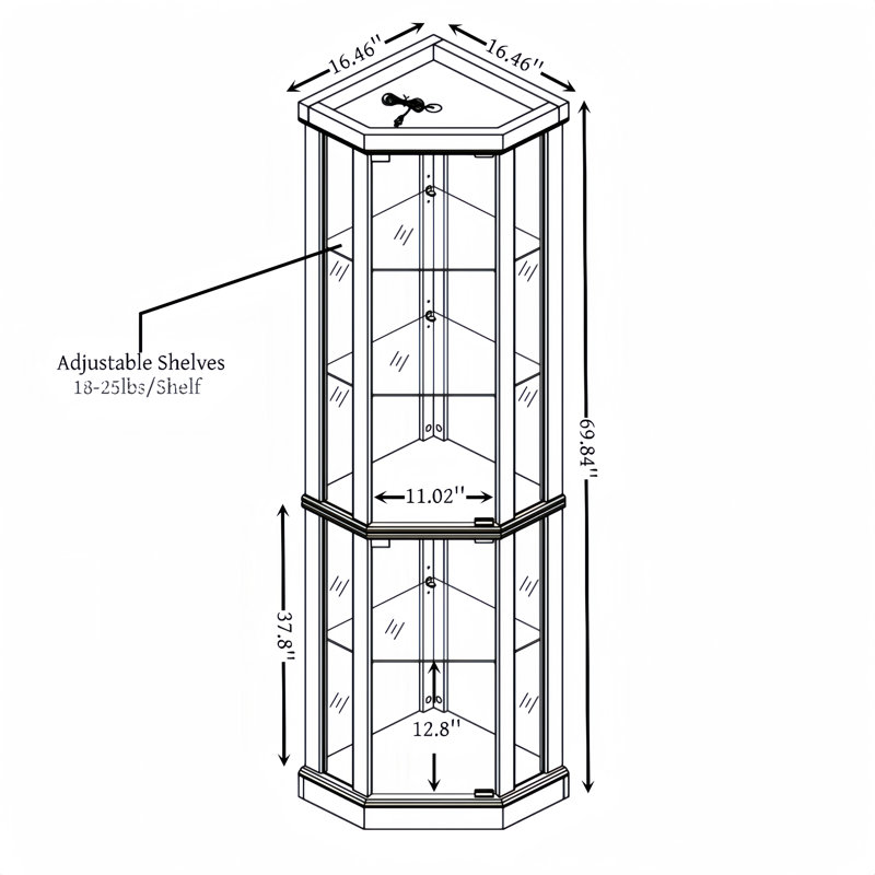 Vitrine de coin en chêne avec éclairage, Chêne