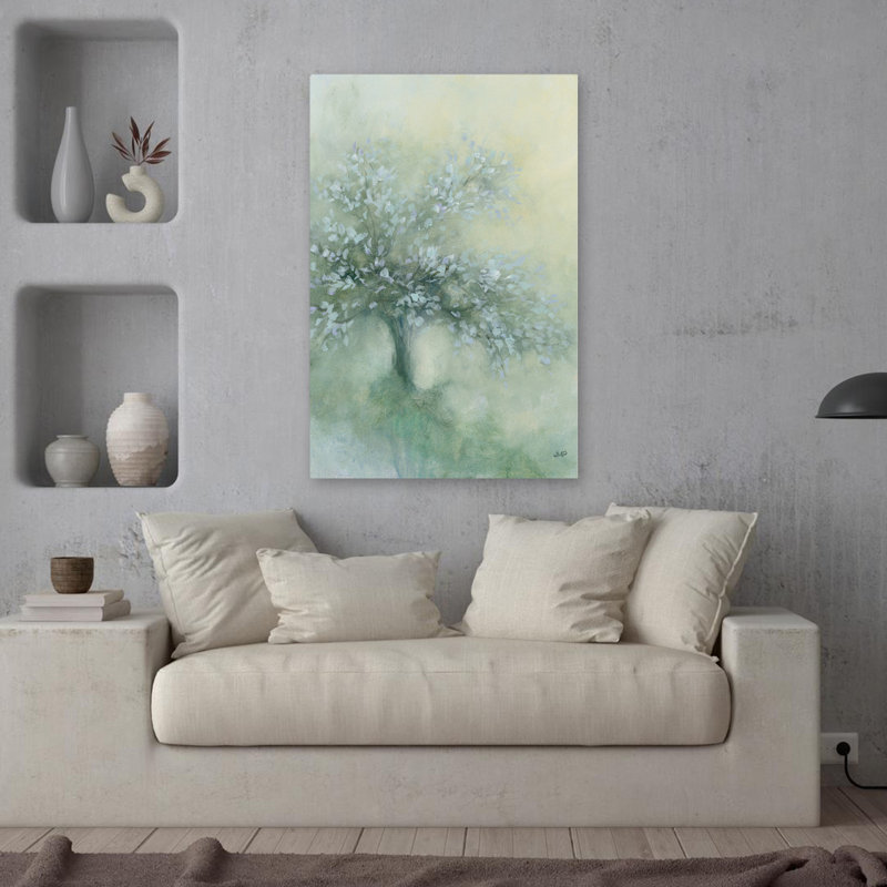 Arbre subtil I fleur de gris contemporain bleu, H 36 po x l 24 po