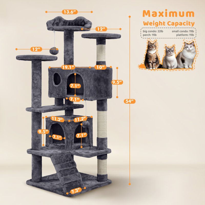 Dagenham Cat Tree Tower Condo Cat Furniture with Scratching Post for Kittens, 54" H x 20" W x 20" D, Gray