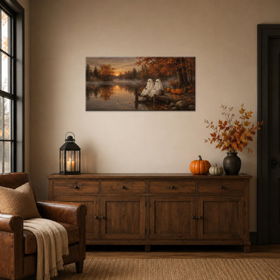  Art d'Halloween sur toile, scène de lac rétro rustique, citrouille fantôme mignonne, œuvre d'art, peinture gothique d'automne sereine, images amusantes et amusantes, prêt à être accroché au mur pour le canapé du salon, 20 po x 40 po