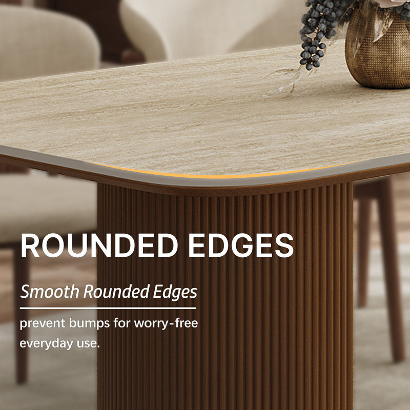 71'' Modern Rectangle Dining Table, Beige Sintered Stone and Wood Tabletop, High Quality Wood Double Fluted Pedestal, 71"