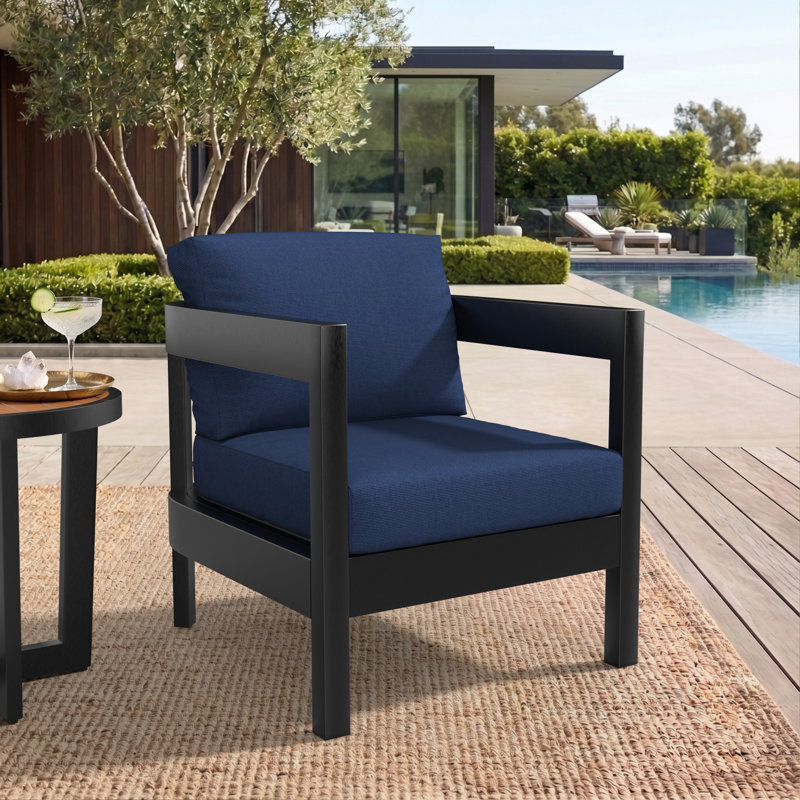 Fauteuil club d'extérieur gris foncé en aluminium avec dossier moderne et coussins Sunbrella, Tissu marine Sunbrella