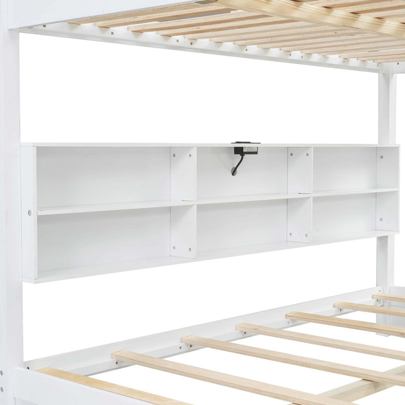Lit superposé grand sur grand avec armoires de rangement intégrées et ports de charge USB pratiques, blanc, Blanc
