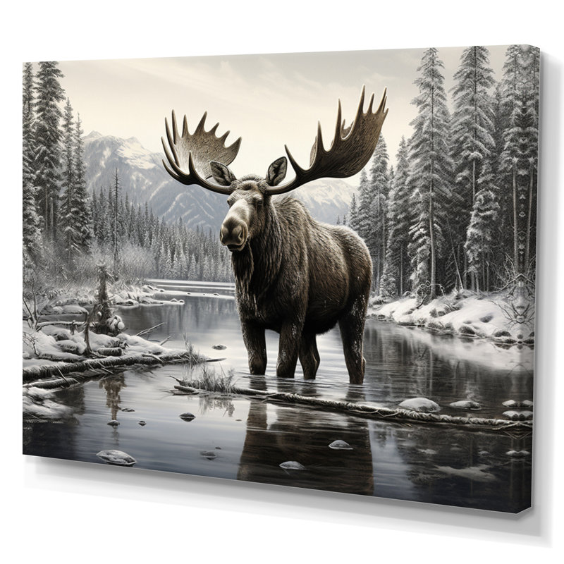 Orignal brun et blanc Winter Majesty - art mural orignal pour le salon, Toile tendue, H 24 po x l 32 po, Sans cadre