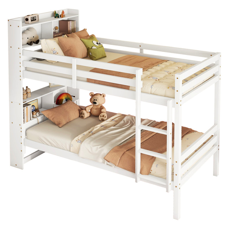 White Twin Over Bunk Bed With Shelves, Made From Rubber Wood, Measures, Detachable Into 2 Beds Shelf Headboard, Wood Build, First, Convertible To Separate