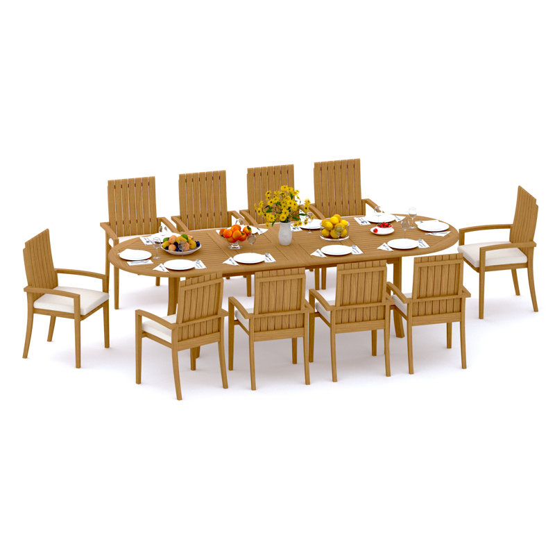 7 Pcs Grade-A Teak Wood Dining Set: 118" Double Extension Oval Table And 6 Goa Stackng Arm Chairs #11GO2606, 10