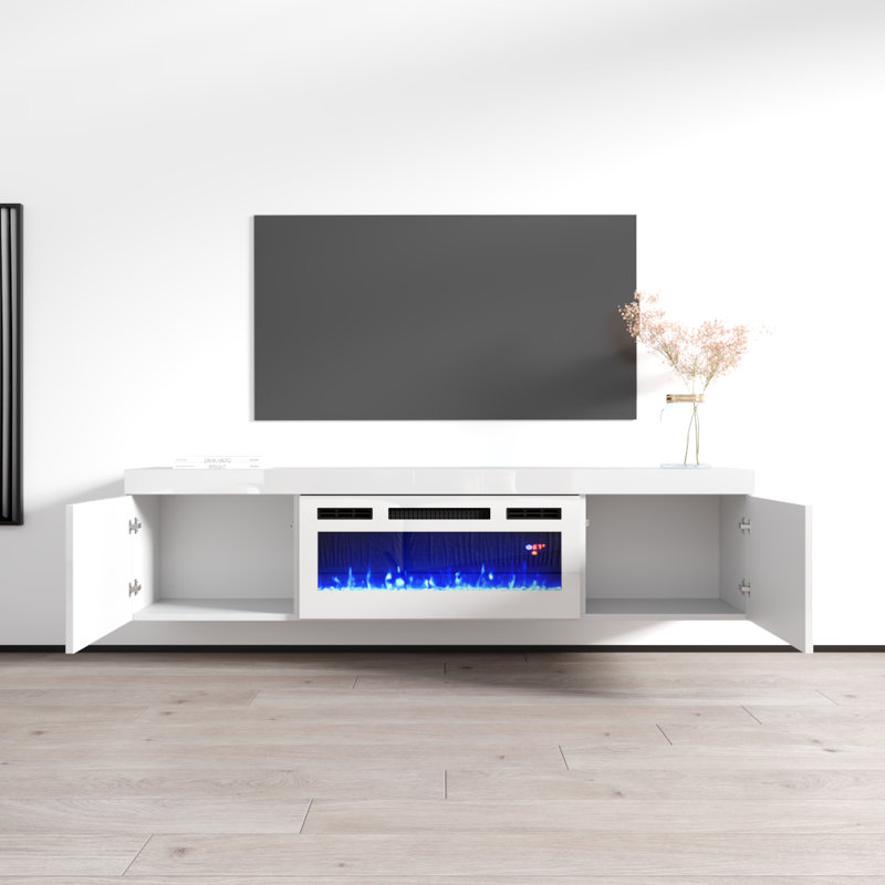 Floating 70.9" Modern TV Stand with Electric Fireplace, High Gloss Finish, Wall-Mounted, White