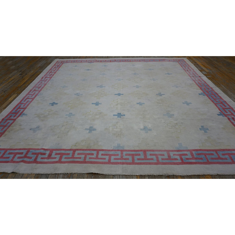 Faded Cream Color Geometric Pattern Antique Square Dhurrie Flatweave Rug