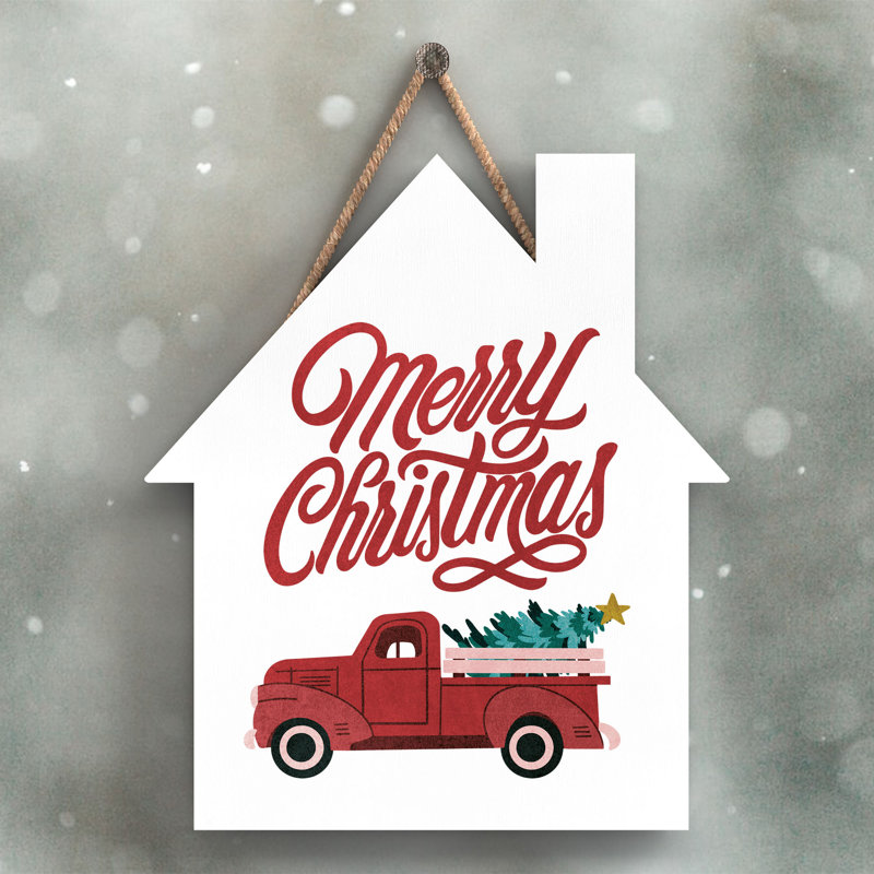 Xmas Merry Christmas Truck Wooden House Plaque, 18.5cm H x 16cm W x 0.9cm D