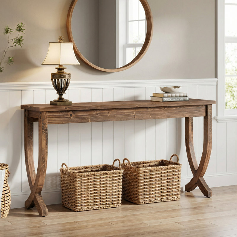 Console en bois massif de 63 pouces, table d'entrée de ferme, Bois brun foncé