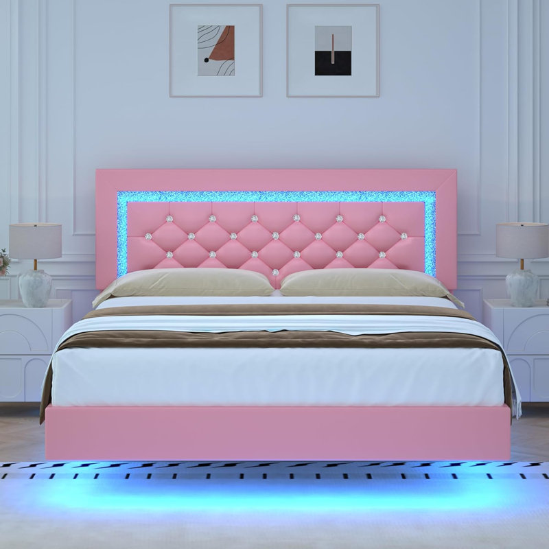 Cadre de lit flottant Alber avec lumières DEL, lit plateforme tapissier avec tête de lit capitonnée à motif de losanges, aucun sommier tapissier requis, silencieux, assemblage facile