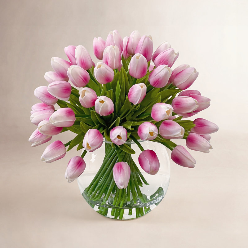 Real Touch Tulips Centerpiece In Vase, Pink Ombre White
