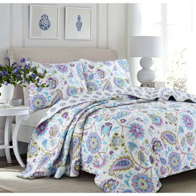 Ensemble de courtepointe réversible en microfibre bleu / mauve 3 pièces