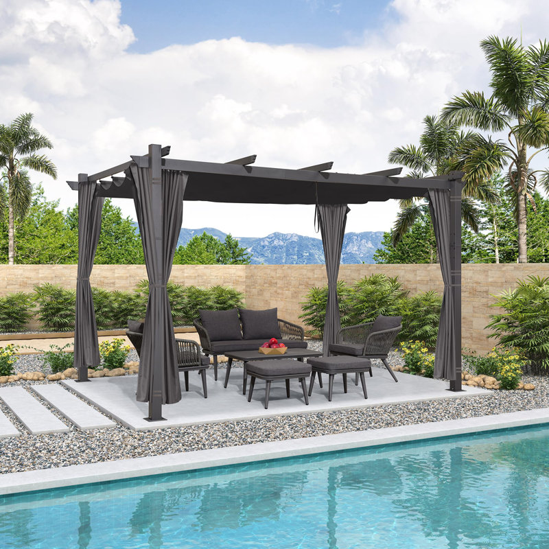 Outdoor Pergola With 4-sided Curtains Retractable Canopy Patio Aluminum Sun Shade For Garden Deck Porch Gazebo Pavilion Grill Modern Yard Grape Trellis Pergola