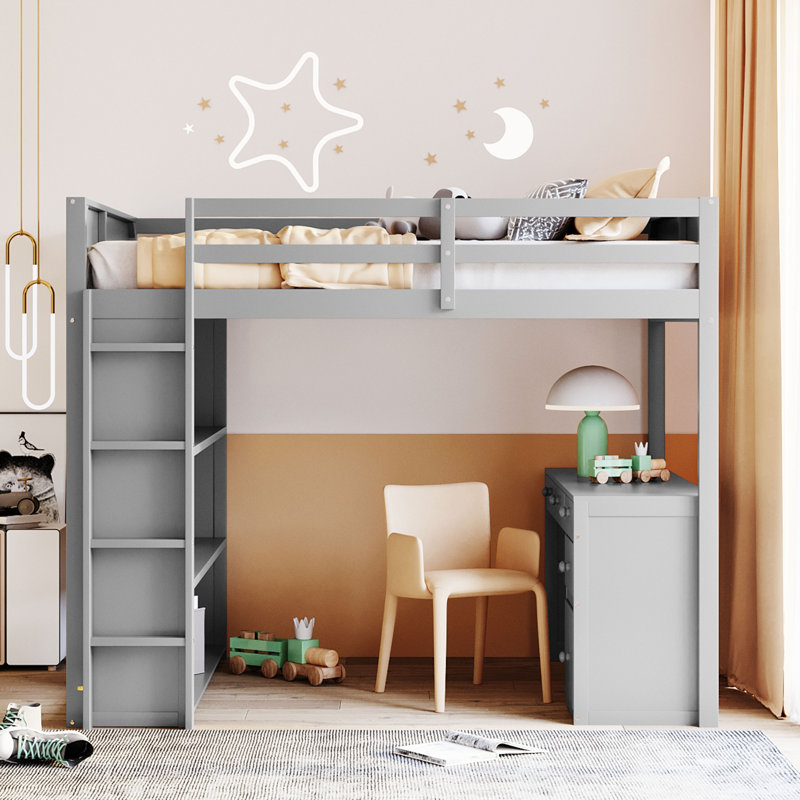 Loft Bed With Ladder, Shelves, And Desk, White, Full