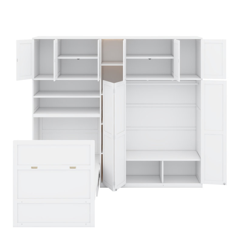 Lit escamotable peu encombrant avec garde-robe, armoires suspendues et DEL, White