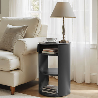 Table d'appoint ronde d'intérieur en métal à 3 niveaux avec armoire à porte coulissante, noir mat