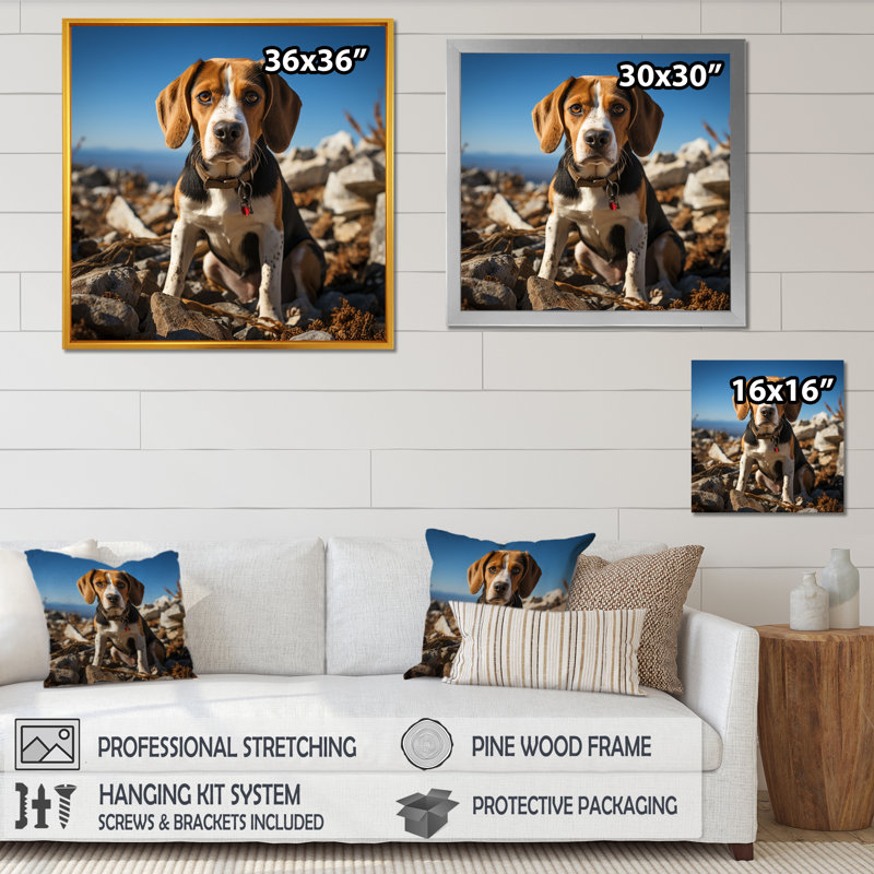 ResAU Beagle in Rocky - art mural chien Beagle, Encadrement doré, H 30 po x l 30 po x P 1,5 po