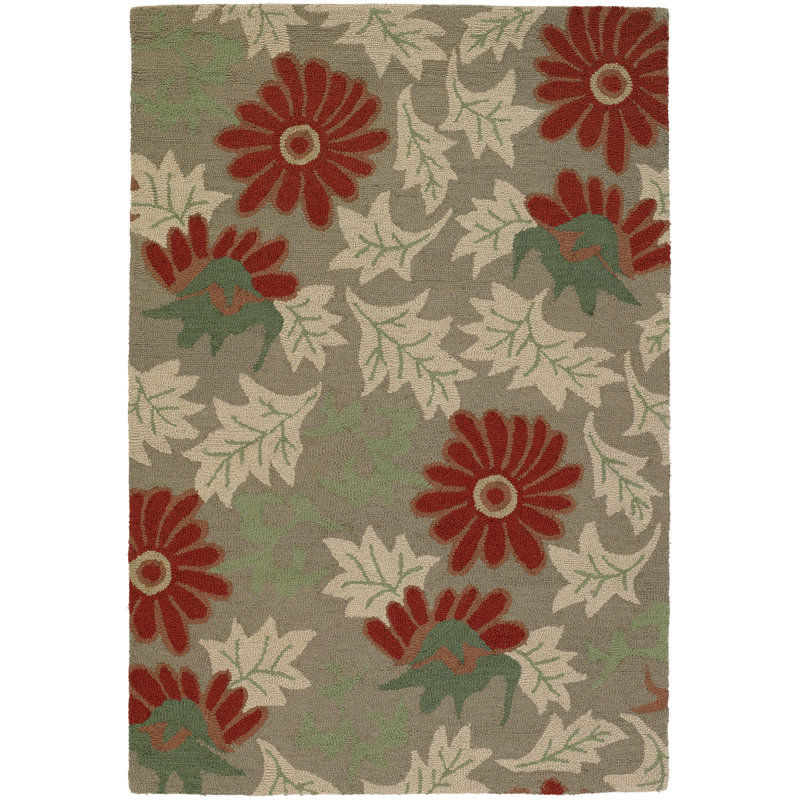 Tapis marguerite et feuille en laine à motif touffeté à la main beige, orange rouille, vert sauge et crème Medford Authentic