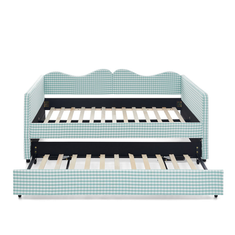 Lit de jour double, lit de jour rembourré en vichy équipé d'un cadre de lit gigogne escamotable et d'une poche de rangement latérale, canapé-lit multifonctionnel en bois massif pour chambre d'enfant et chambre d'amis - Cyan