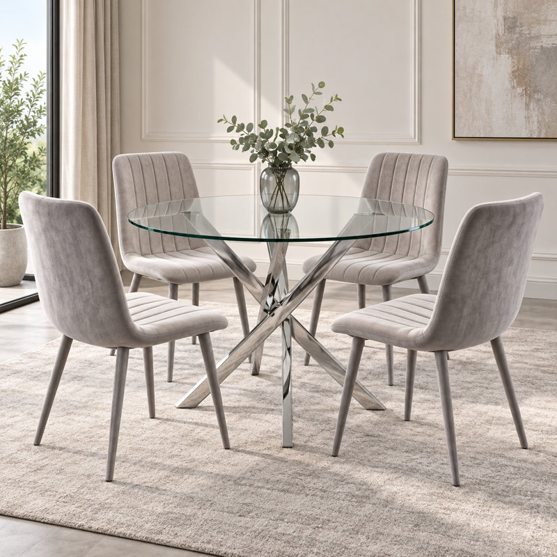 Oira Homes Round Glass Dining Table Set with 4 Velvet Chairs 4 Seater Kitchen and Dining Room Set, Gray