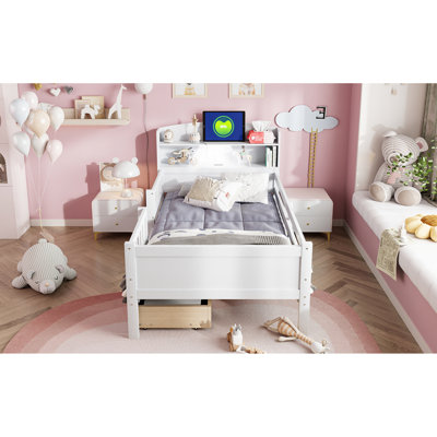 White Twin Platform Bed With Led Illumination, Multi-Functional Headboard, Guardrail And 2 Drawer Shelves In Finish Size Wood Built-In Led, Functional Compartments