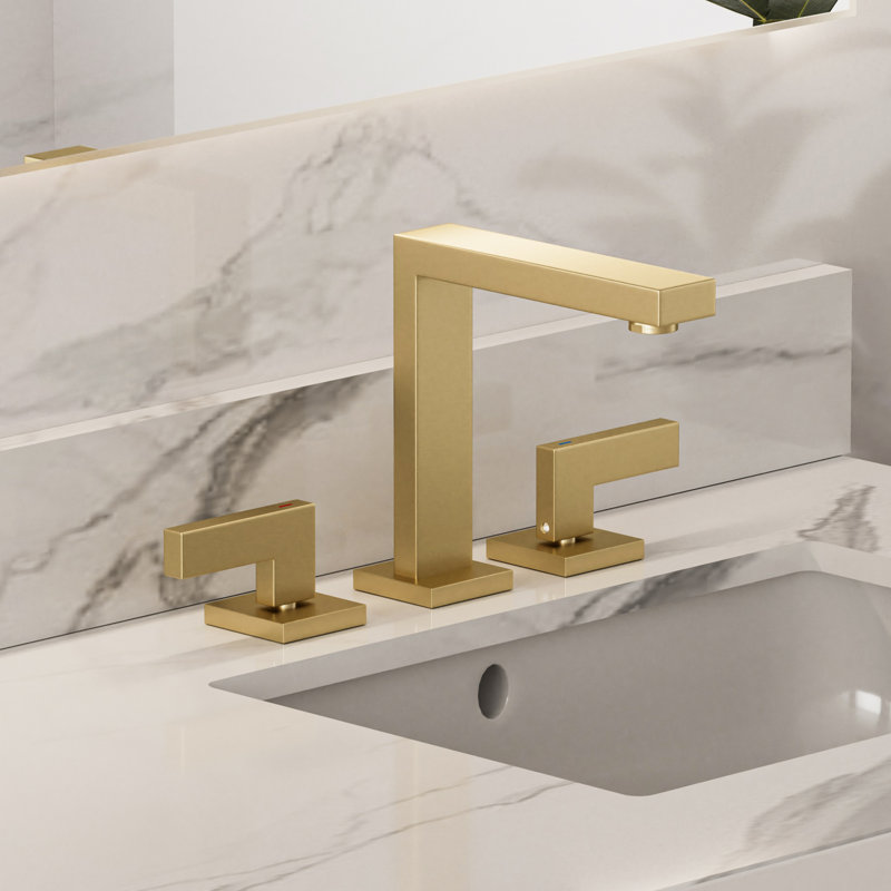 8" Widespread 3-Hole Bathroom Faucet In Brushed Gold, Square Dual Handles & Removable Aerator