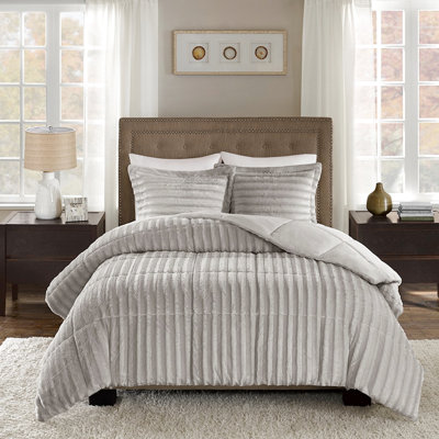 Full/Queen Faux Fur Comforter - Grey, , Energizing Sleep With Shams Mini , Grey Matching