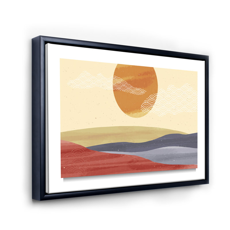 «Minimalist Abstract Landscape Mountain and Moon - Floater Frame», impression sur toile, Toile avec cadre noir