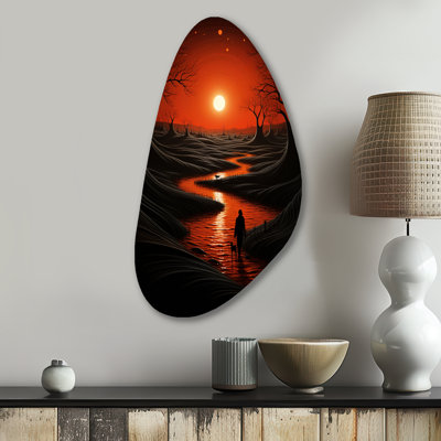 ëMagical Sunset Over Minimal River Landscape I - Lakehouse Fall Shapeë, art mural asymétrique en métal