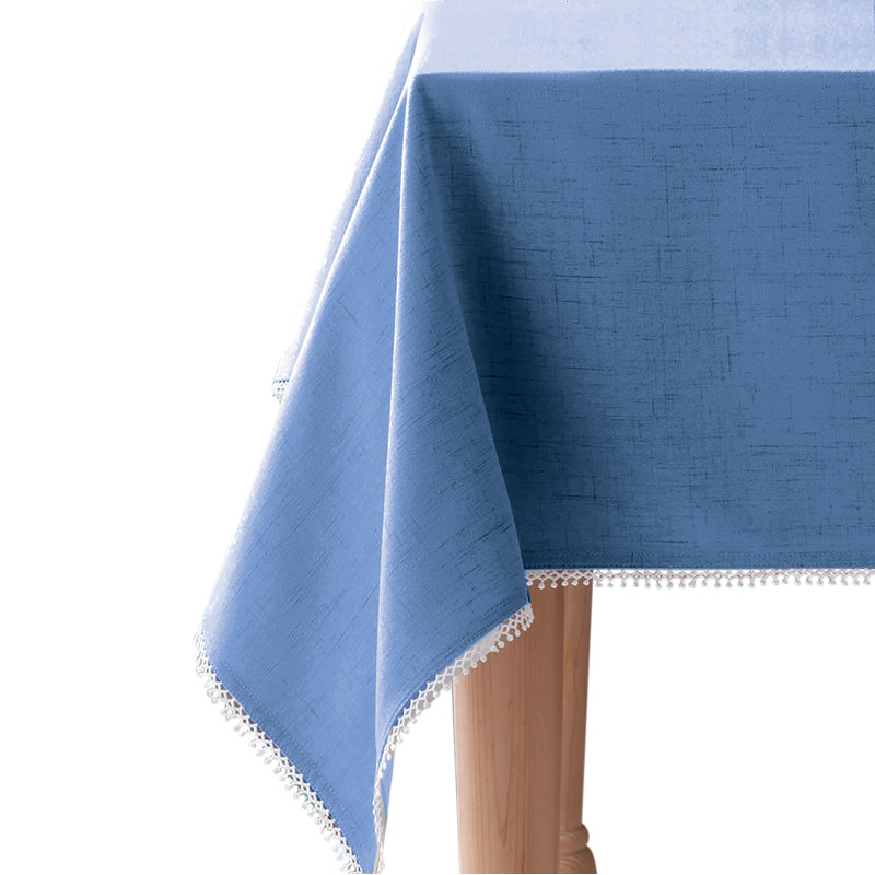 70" Round Blue Linen Embroidered Tablecloth