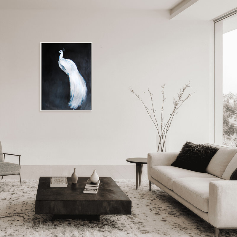 Nature Inspired Alabaster Majesty: White Peacock Against The Night, 48" H x 36" W x 1.125" D, Framed Print, Black