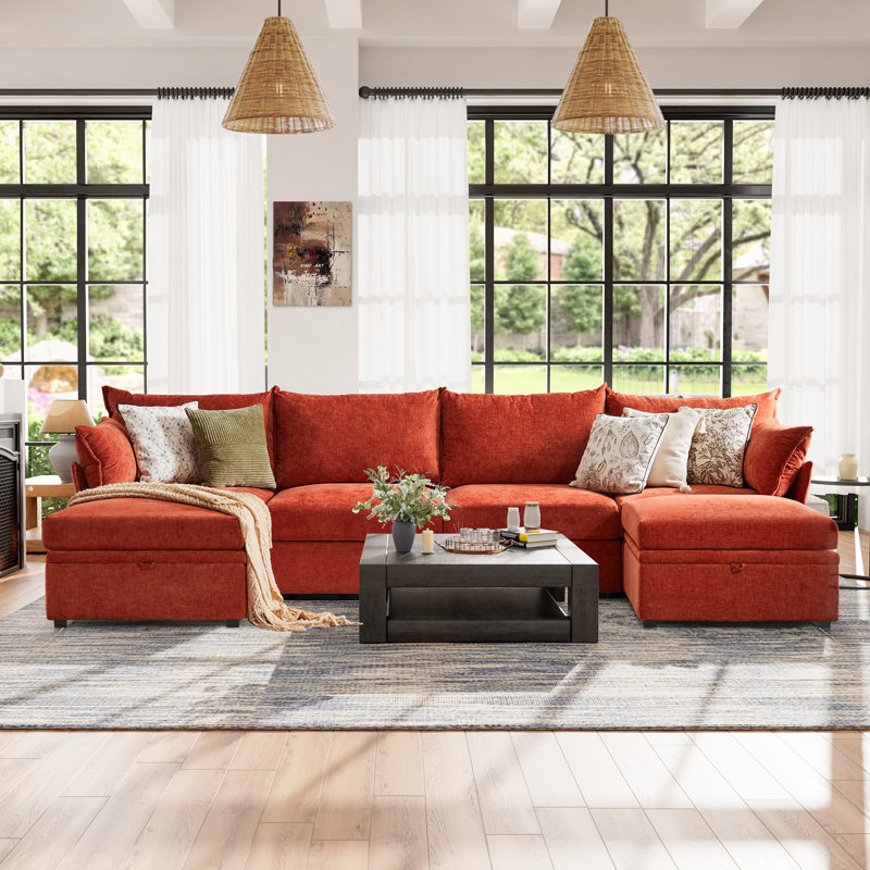 Petal Sofa Reversible Modern Modular Sectional Sofa with Storage Ottoman – Premium Fabric, Orange, 37" H x 134.6" W x 67.5" D